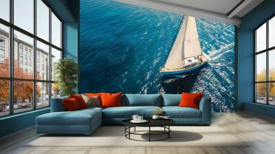 Aerial drone ultra wide photo of beautiful sailboat cruising deep blue open ocean Mediterranean sea Sailing Sailboat with white sails blue sky and rippled sea background Summer holiday : Generative AI Wall mural