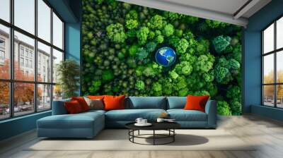 Aerial top view green forest with globe earth Green planet in your hands Save Earth Texture of forest view from above ecosystem and healthy environment Globe and forest : Generative AI Wall mural