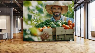 Agriculture box and portrait with farmer man outdoor for agribusiness growth or sustainability Flare working and vegetables crate on harvest field of farm for ecology grocery market or : Generative AI Wall mural