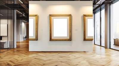 Antique golden art fair gallery frame on the wall at auction house or museum exhibition blank template with empty white copyspace for mockup design artwork concept : Generative AI Wall mural