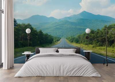 Asphalt highway road and green forest with mountain natural landscape under blue sky : Generative AI Wall mural