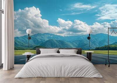 Asphalt highway road and green mountains with sky clouds nature landscape on sunny day : Generative AI Wall mural