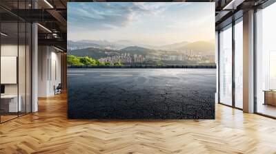 Asphalt road and city skyline with green mountain landscape on a sunny day panoramic view : Generative AI Wall mural