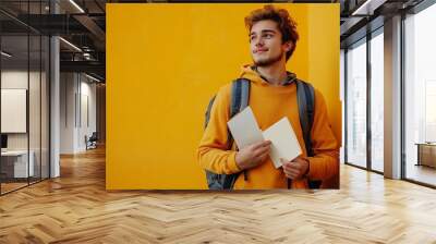 Banner image of young male student in casual clothes backpack walking with thoughtful face and holding notes against bright yellow background Education studying homework youth lifestyl : Generative AI Wall mural