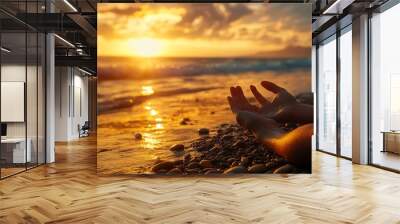 Beach meditation or woman with prayer hands in nature at sunset for peace zen or mental health wellness Spiritual balance or person at the ocean for energy breathing or holistic self c : Generative AI Wall mural