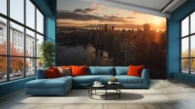 Beautiful aerial view of downtown Vancouver skyline British Columbia Canada at sunset : Generative AI Wall mural