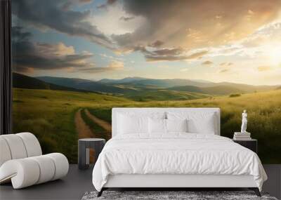 Beautiful summer mountain rural landscape Panorama of summer green field with dirt road and Sunset cloudy sky : Generative AI Wall mural