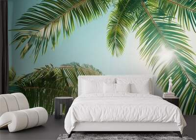 Beautiful tropical beach and leaves of coconut palm trees at sun : Generative AI Wall mural