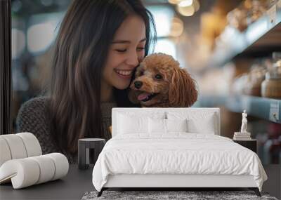 Beautiful young woman enjoying in modern pet shop together with her adorable brown toy poodle  She is holding dog food bag : Generative AI Wall mural