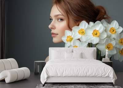 Beautiful young woman with bouquet of beautiful narcissus flowers on grey background back view : Generative AI Wall mural