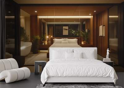 bedroom and freestanding bath behind a glass partition in a chic expensive interior of a luxury home with a dark modern design with wood trim and led light : Generative AI Wall mural