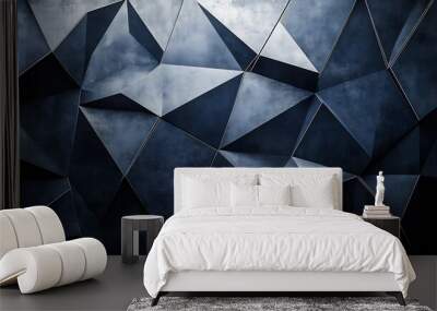 Black dark navy blue silver abstract pattern background Geometric shape Line triangle angle fold polygon diamond 3D Color gradient ombre Rough grain noise Light shadow Matte shimmer Mi : Generative AI Wall mural