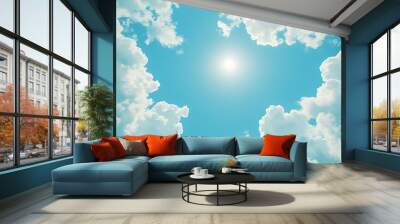 Bottom up view of blue sky with shining sun White fluffy clouds on a blue sky in spring season : Generative AI Wall mural