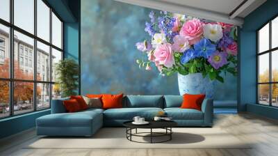 Bouquet of spring and summer flowers in a cup on the table roses aquilegia spirea forget me not flowers pansies violet beautiful postcard still life copy space : Generative AI Wall mural