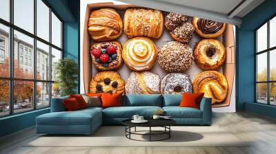 box of various freshly baked pastries isolated on white background top view : Generative AI Wall mural