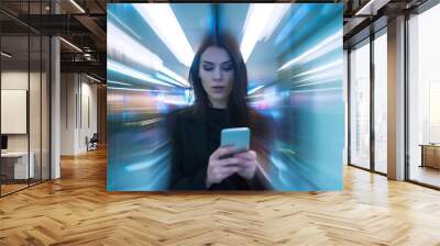 Business woman smartphone at office with motion blur and communication fast pace and busy with technology and wifi Chat email and social media female and speed with movement and mobile : Generative AI Wall mural