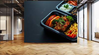 Catering food with healthy balanced diet delicious lunch box boxed take away deliver packed ready  meal in black container dinner meal brakfast : Generative AI Wall mural