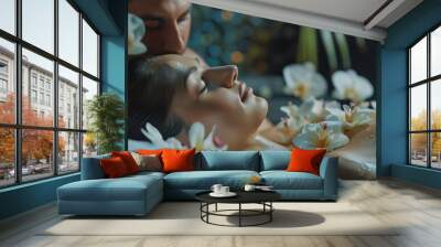 Caucasian couple customer enjoying relaxing antistress spa massage and pampering with beauty skin recreation leisure in day light ambient salon spa at luxury resort or hotel Quiescent : Generative AI Wall mural