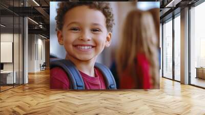 Children face and smile as friends at school with backpack in youth classroom excited or education Boys girl and portrait at academy campus or lesson learning or knowledge diversity or : Generative AI Wall mural