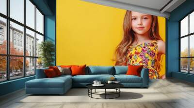 Childrens fashion Cute girl 1011 years old in fashionable colorful clothes posing cheerfully on a yellow studio background Fulllength portrait with copy space Active happy kids : Generative AI Wall mural