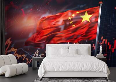 China flag with stock market finance economy trend graph digital technology : Generative AI Wall mural