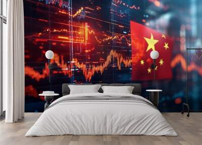 China flag with stock market finance economy trend graph digital technology : Generative AI Wall mural