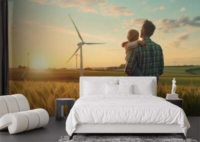 Cinematic shot of carefree young father engineer keeping his daughter for hand and looking on windmill field at sunset Concept of renewable energy love for nature family electricity gr : Generative AI Wall mural