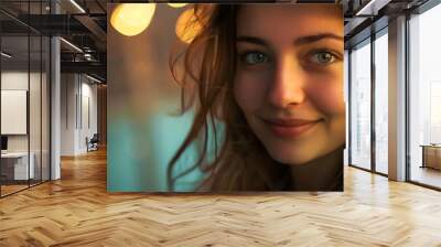 Close up portrait beautiful young woman smiling gazing : Generative AI Wall mural