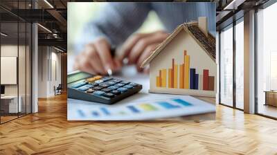 Closeup Of House Model Showing Energy Efficiency Rate In Front Of Businesspersons Hand Using Calculator : Generative AI Wall mural