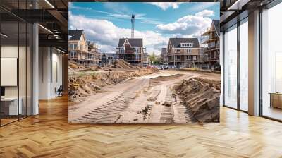 construction site of a new Dutch Suburban area with modern family houses newly built modern family homes in the Netherlands : Generative AI Wall mural