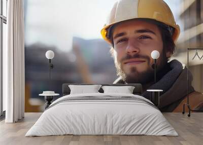 Construction worker man portrait in construction site in sunny day : Generative AI Wall mural