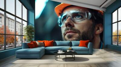 Construction worker thinking serious man with ideas and architect or engineer in building industry on studio background Male contractor mockup and professional builder with helmet and  : Generative AI Wall mural