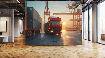 Container truck in ship port for business Logistics and transportation of Container Cargo ship and Cargo plane with working crane bridge in shipyard at sunrise logistic import export c : Generative AI Wall mural