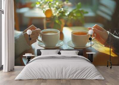 Cozy morning girls friends talking over a cup of coffee in a bright kitchen Two women spend time peacefully on a sunny day with mugs of tea : Generative AI Wall mural