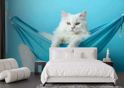 Cute white cat in blue shirt lie in a fabric hammock isolated on blue background : Generative AI Wall mural