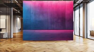 Dark three dimensional room with concrete wall and floor and pink and blue lighting Empty modern urban background for mock up or product display : Generative AI Wall mural