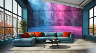 Dark three dimensional room with concrete wall and floor and pink and blue lighting Empty modern urban background for mock up or product display : Generative AI Wall mural