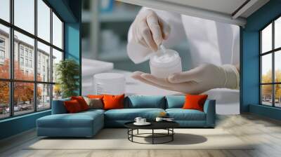 Dermatologist applying cream onto hand at white table indoors closeup Testing cosmetic product : Generative AI Wall mural