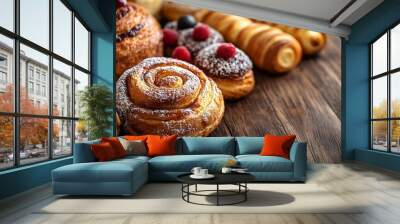 Different tasty freshly baked pastries on wooden table closeup : Generative AI Wall mural