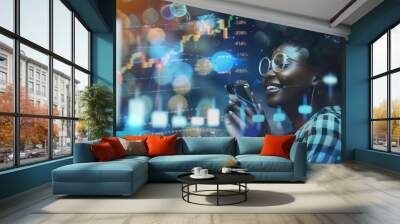 Digital overlay or black woman with phone call for communication networking or contact us at night Stock market happy or trading girl for financial invest data growth planning or doubl : Generative AI Wall mural