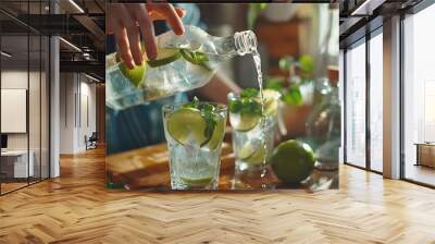 drinks and people concept  close up of woman pouring water from glass bottle to jigger and making lime mojito cocktail at home kitchen : Generative AI Wall mural