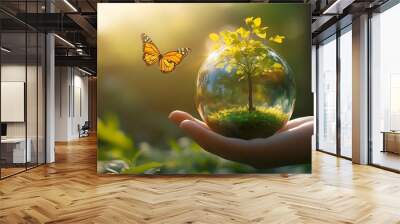 Earth crystal glass globe ball and growing tree in human hand flying yellow butterfly on green sunny background Saving environment save clean planet ecology concept Card for World Eart : Generative AI Wall mural