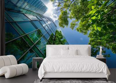 ecofriendly building in the modern city sustainable glass office building with trees for reducing he Wall mural