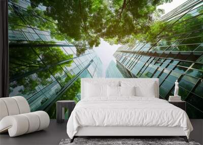 Ecofriendly building in the modern city Sustainable glass office building with trees for reducing heat and carbon dioxide Office building with green environment Corporate building redu : Generative AI Wall mural