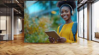 ELearning Happy Black Woman Student Using Tablet Computer Wearing Headphones Standing Near Modern University Building Outside Browsing Internet Outdoors Modern Online Education Copy Sp : Generative AI Wall mural