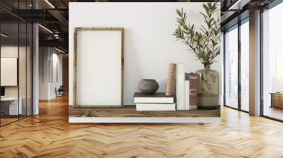 Elegant interior still life Two floating shelves Blank wooden picture frame mockup template Textured vase with olive tree branches and old books Modern Mediterranean home White wall ba : Generative AI Wall mural