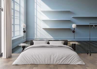 Empty bedroom with white wooden shelves on the wall French oak floors : Generative AI Wall mural