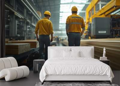 Engineer colleague team working in hardwood furniture factory examining production machine for maintenance Technician worker employee walking in manufacturing facility check machinery  : Generative AI Wall mural