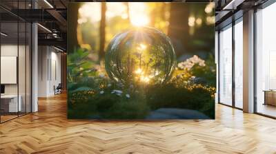 Environment Concept  Globe Glass In Green Forest With Sunlight : Generative AI Wall mural