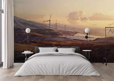 Environmentally friendly installation of photovoltaic power plant and wind turbine farm situated by landfillSolar panels farm  built on a waste dump and wind turbine farm Renewable ene : Generative AI Wall mural